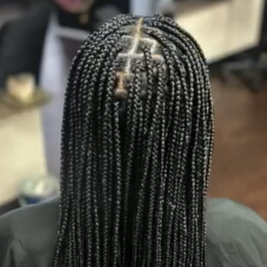 Back view of a person with long, neatly done box braids. The braids are uniformly sized and extend down the back, with a distinctive crisscross parting pattern visible at the crown of the head, showcasing clean and precise sectioning.